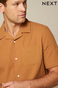 Ochre Yellow Textured Short Sleeve Shirt With Cuban Collar (D08090) | £30