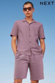 Lilac Purple Textured Short Sleeve Shirt With Cuban Collar (D08094) | £30