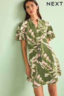 Green Palm Print Angel Sleeve Mini Dress (D08991) | £30