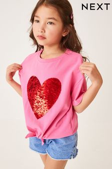 Pink/Red Heart Short Sleeve Sequin T-Shirt (3-16yrs) (D09230) | £9 - £14