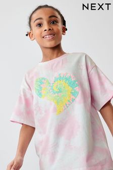 Pink Tie Dye Heart Short Sleeve Sequin T-Shirt (3-16yrs) (D09234) | £11 - £16