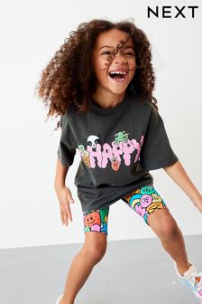 Charcoal Happy Character Oversized T-Shirt and Cycling Shorts Set (3-16yrs) (D09298) | £14 - £20