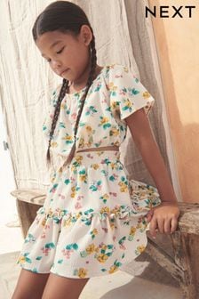 Ecru/Yellow 2pc Crinkle Floral Top and Skirt Set (3-16yrs) (D09300) | £15 - £21