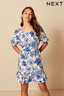 Blue/White Floral Puff Sleeve Linen Mix Mini Dress (D09722) | £35