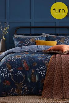 furn. Blue Forest Fauna Printed Woodland Reversible Duvet Cover And Pillowcase Set