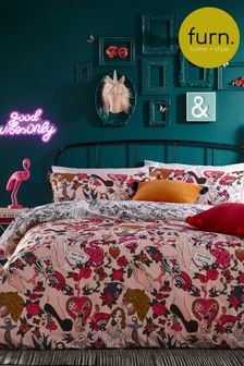 furn. Pink Inked Tattoo Inspired Reversible Duvet Cover and Pillowcase Set