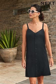 Black Button Through Mini Slip Dress (D14207) | £18