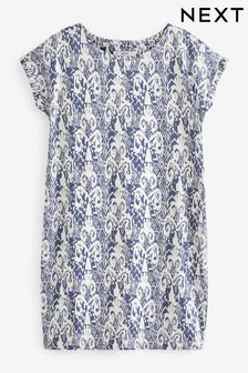 Blue Ikat Print Cotton Relaxed Cap Sleeve T-Shirt Dress (D14224) | £14