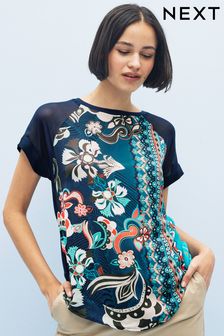 Blue Floral Woven Mix Short Sleeve Raglan T-Shirt (D14227) | £25