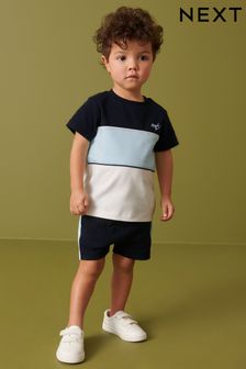 Blue and White Short Sleeves Colourblock T-Shirt and Shorts Set (3mths-7yrs) (D14273) | £12 - £16