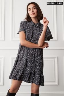Black Geo Print Mini Short Sleeve Shirt Dress (D15868) | £28