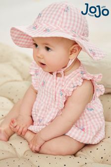 JoJo Maman Bébé Pink Gingham Embroidered Bubble Baby Romper & Hat Set (D18706) | £28
