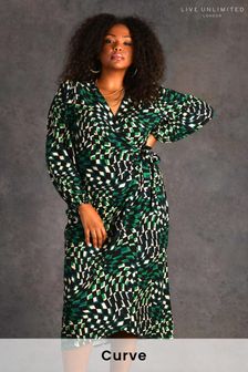 Live Unlimited Green Curve Geo Print Jersey Wrap Dress (D21062) | £89
