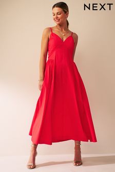 Red Strappy Waisted 100% Cotton Midi Dress (D21836) | £36