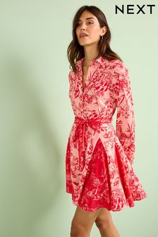 Pink/Red Botanical Long Sleeve Belted Mini Dress (D23262) | £40