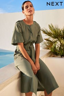 Khaki Green Utility Midi Shirt Dress with Linen (D23823) | £52
