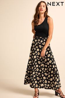 Black Daisy Print Panelled Midi Textured Skirt (D24072) | £26