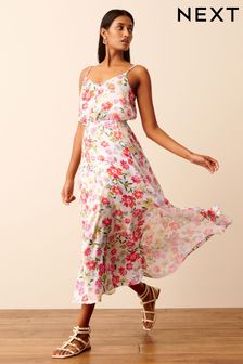 White Floral Satin Slip Midi Dress (D25768) | £52
