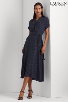 Thinking of You Navy Blue Polka Dot Fatillio Short Sleeve Midi Dress (D28584) | £219
