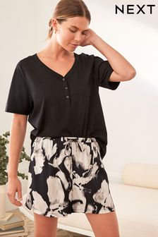 Black/White Floral Cotton Jersey Viscose Short Set Pyjamas (D32946) | £24