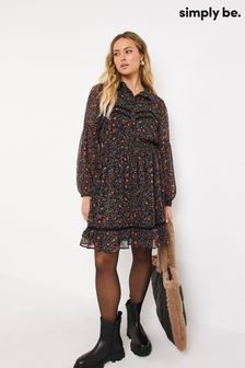 Simply Be Ditsy Floral Scallop Insert Black Shirt Dress (D33764) | £35