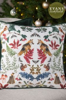 Evans Lichfield Green Mirrored Fox Printed Velvet Reverse Contrast Piped Cushion