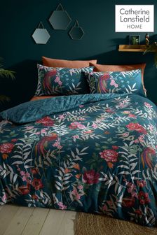 Catherine Lansfield Green Tropical Floral Birds Duvet Cover and Pillowcase Set