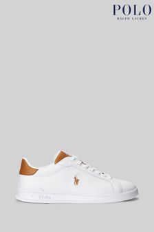 Polo Ralph Lauren White And Tan Brown Heritage Court II Lace Logo Trainers (D46017) | £105