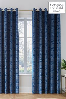 Catherine Lansfield Blue Art Deco Pearl Lined Eyelet Eyelet Curtains