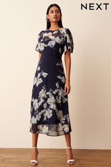 Navy Blue Floral Short Sleeve Sheer Layer Midi Dress (D50226) | £60
