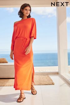 Orange Asymmetric Slash Neck Dress (D50342) | £32