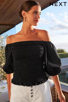 Black 100% Cotton Puff Sleeve Square Neck Off Shoulder Summer Top (D50667) | £20