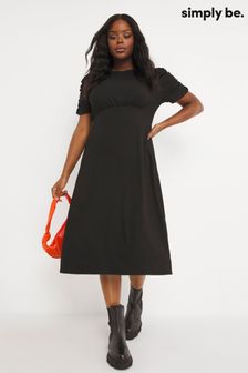 Simply Be Black Ruched Sleeve Waffle Midi Dress (D51359) | £29