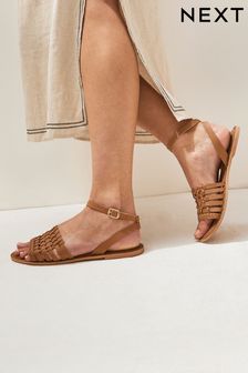Tan Brown Extra Wide Fit Forever Comfort® Leather Woven Flat Sandals (D51989) | £36