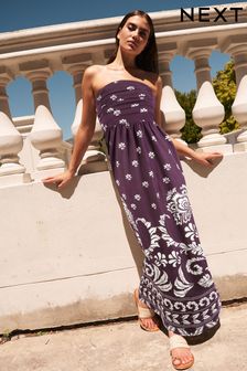 Purple Placement Print 100% Cotton Bandeau Maxi Dress (D57462) | £42