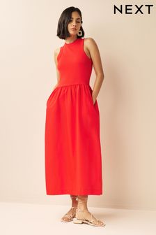 Red Ribbed Sleeveless Vest Poplin Mix Midi Cotton Blend Dress (D63471) | £27
