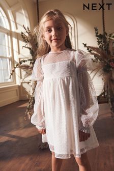Ivory Cream Shirred Mesh Dress (3-16yrs) (D64215) | £22 - £28