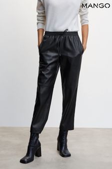 Mango Leather Effect Elastic Waist Black Trousers (D64796) | £46