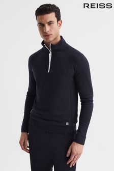 Reiss Navy Affleck Golf Stretch Merino Zip Neck Jumper (D79040) | £128