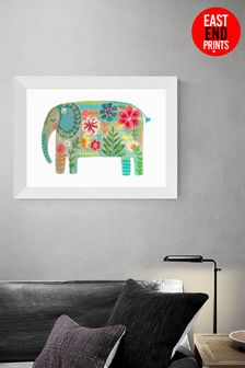 East End Prints White Floral Elephant by Darcie Olley Framed Print