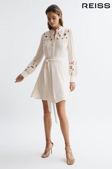 Reiss Ivory Clara Fitted Lace Cut-Out Mini Dress (D84710) | £248