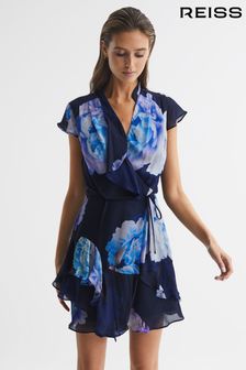 Reiss Black/Blue Macey Floral Print Wrap Dress (D87088) | £188