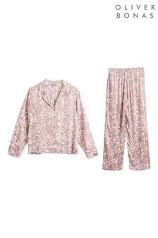 Oliver Bonas Pink Feather Print Shirt & Trousers Pyjama Set (D88086) | £69.50