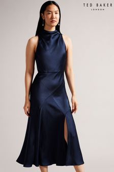 Ted Baker Blue Lilymay Dk Cowl Neck Bias Cut Midi Dress (D89328) | £225