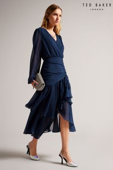 Ted Baker Kiali Blue Long Sleeve Midi Dress With Ruched Detail (D89346) | £195