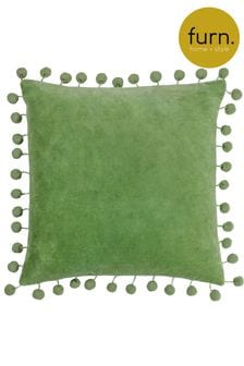 furn. Leaf Green Dora Cotton Velvet Pom-Pom Trim Cushion