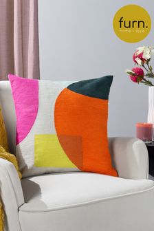 furn. Natural Beige Anjo Geometric Colourblock Crewl Embroidered Cushion