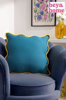 heya home Blue/Yellow Wiggle Contrast Velvet Piped Edge Cushion