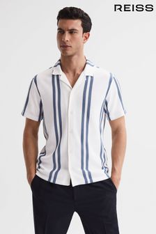 Reiss White/Air Force Blue Castle Slim Fit Ribbed Cuban Collar Shirt (D97855) | £88