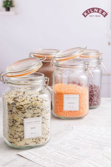 Kilner Clear 1.5L Square Clip Top Jars And Pantry Labels Set of 4